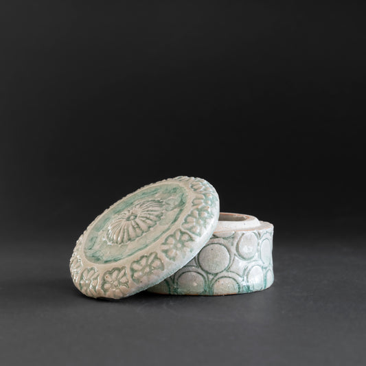 Ash Glaze & Zaffer Imprint Lidded Bowl