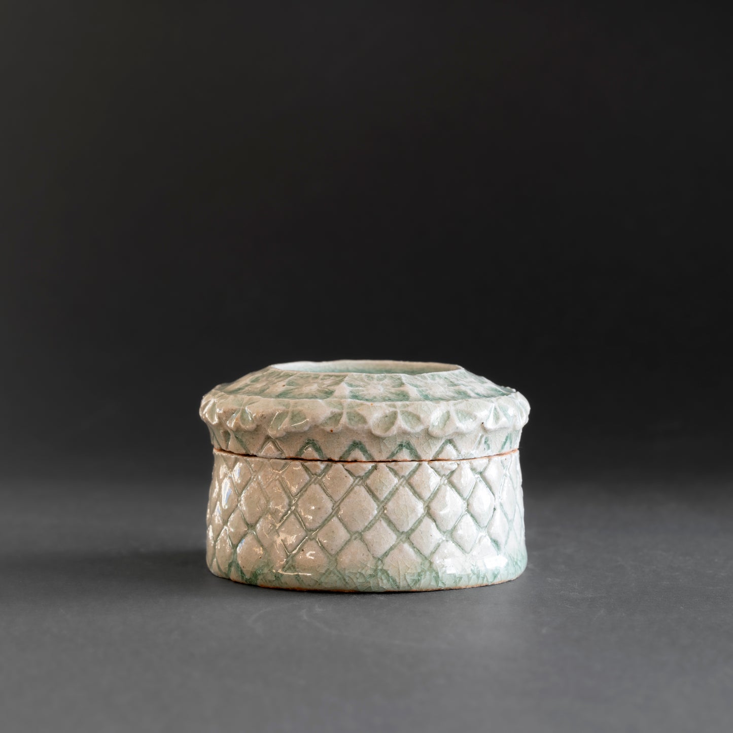 Ash Glaze & Zaffer Imprint Lidded Bowl
