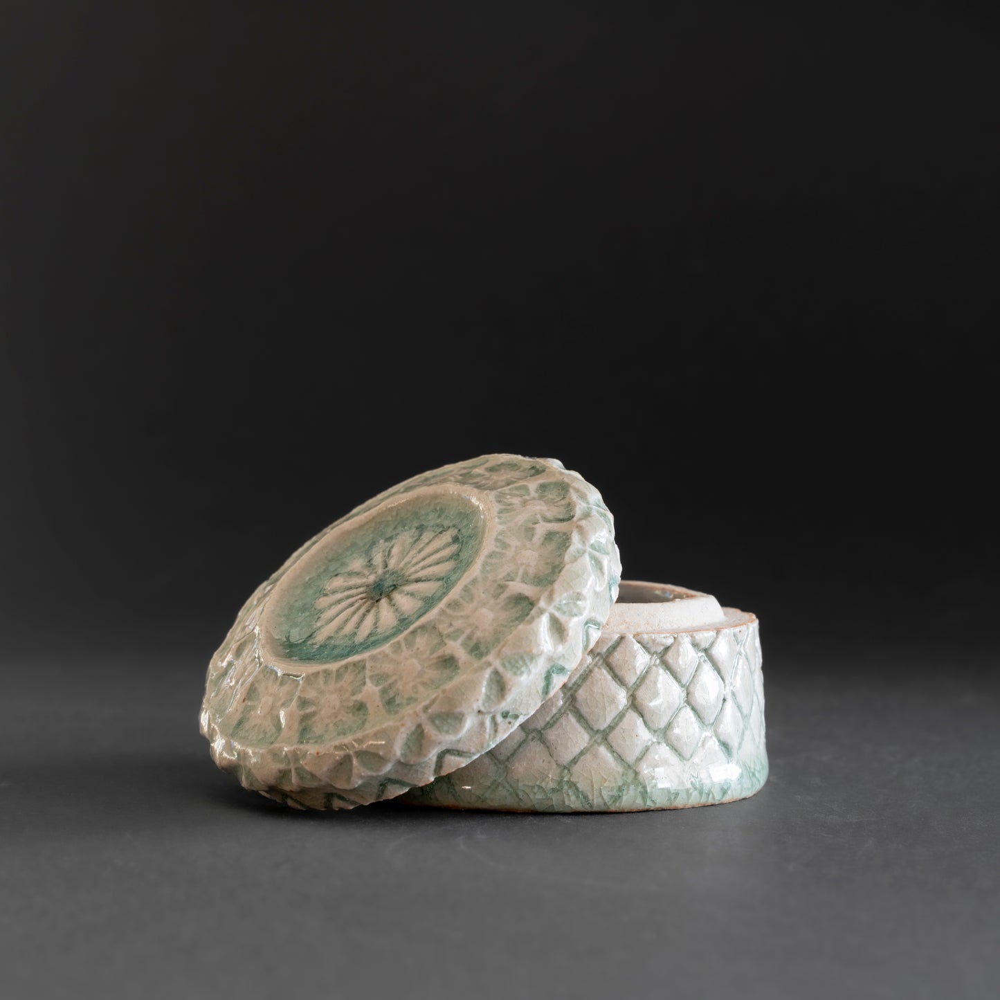 Ash Glaze & Zaffer Imprint Lidded Bowl