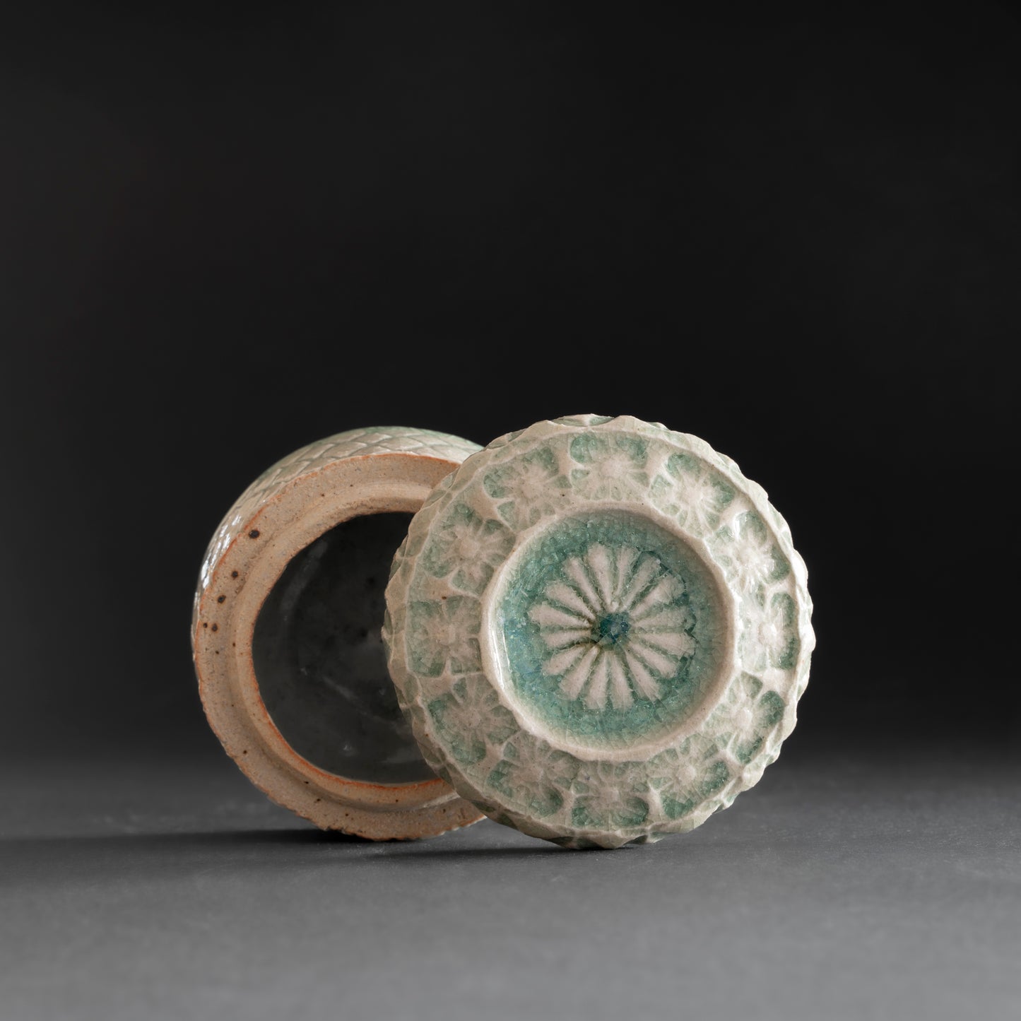 Ash Glaze & Zaffer Imprint Lidded Bowl