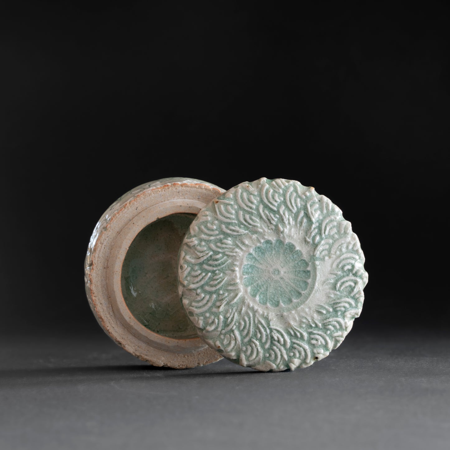 Ash Glaze & Zaffer Imprint Lidded Bowl