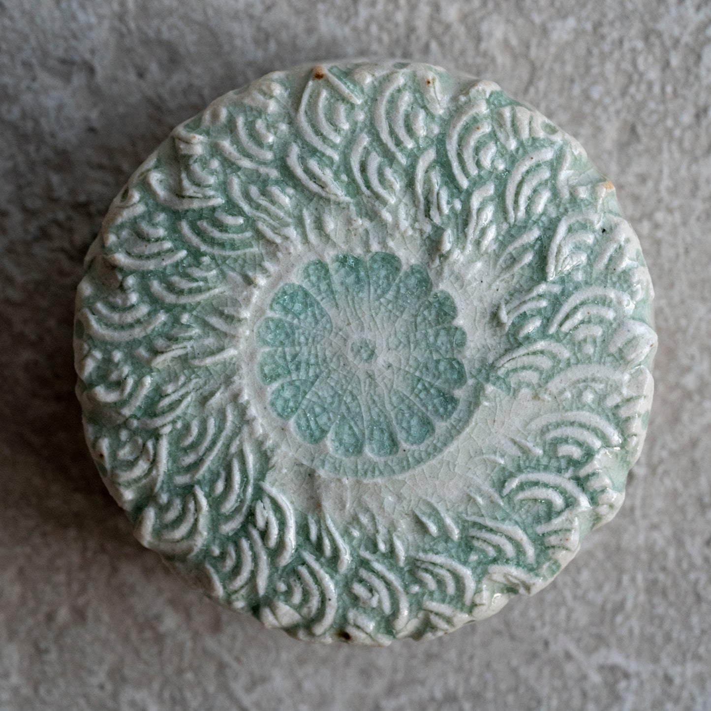Ash Glaze & Zaffer Imprint Lidded Bowl