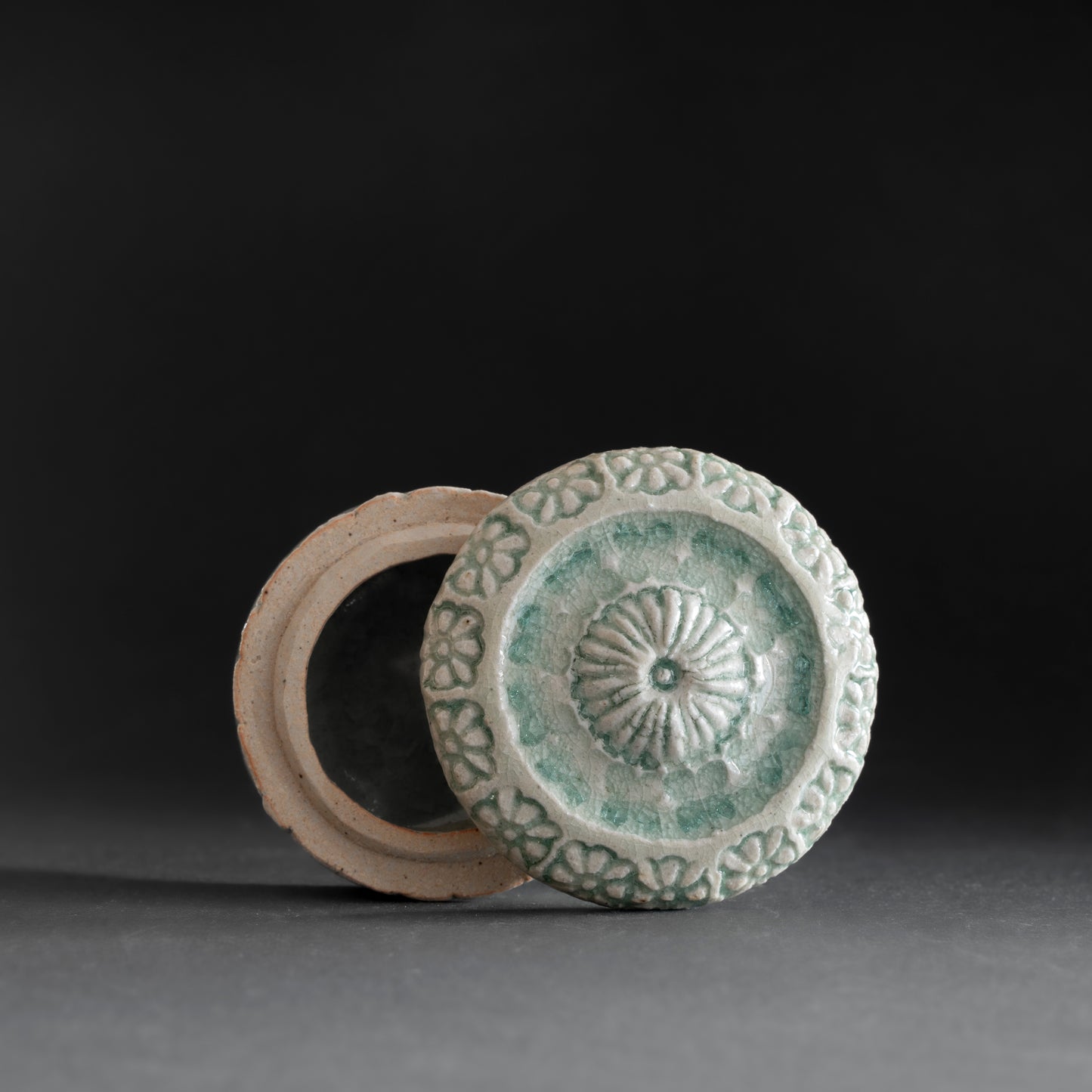 Ash Glaze & Zaffer Imprint Lidded Bowl