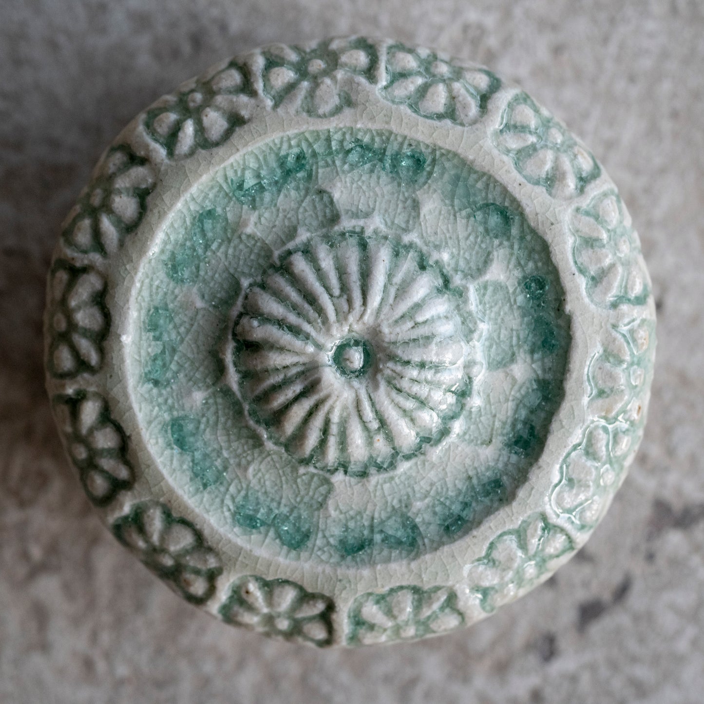 Ash Glaze & Zaffer Imprint Lidded Bowl