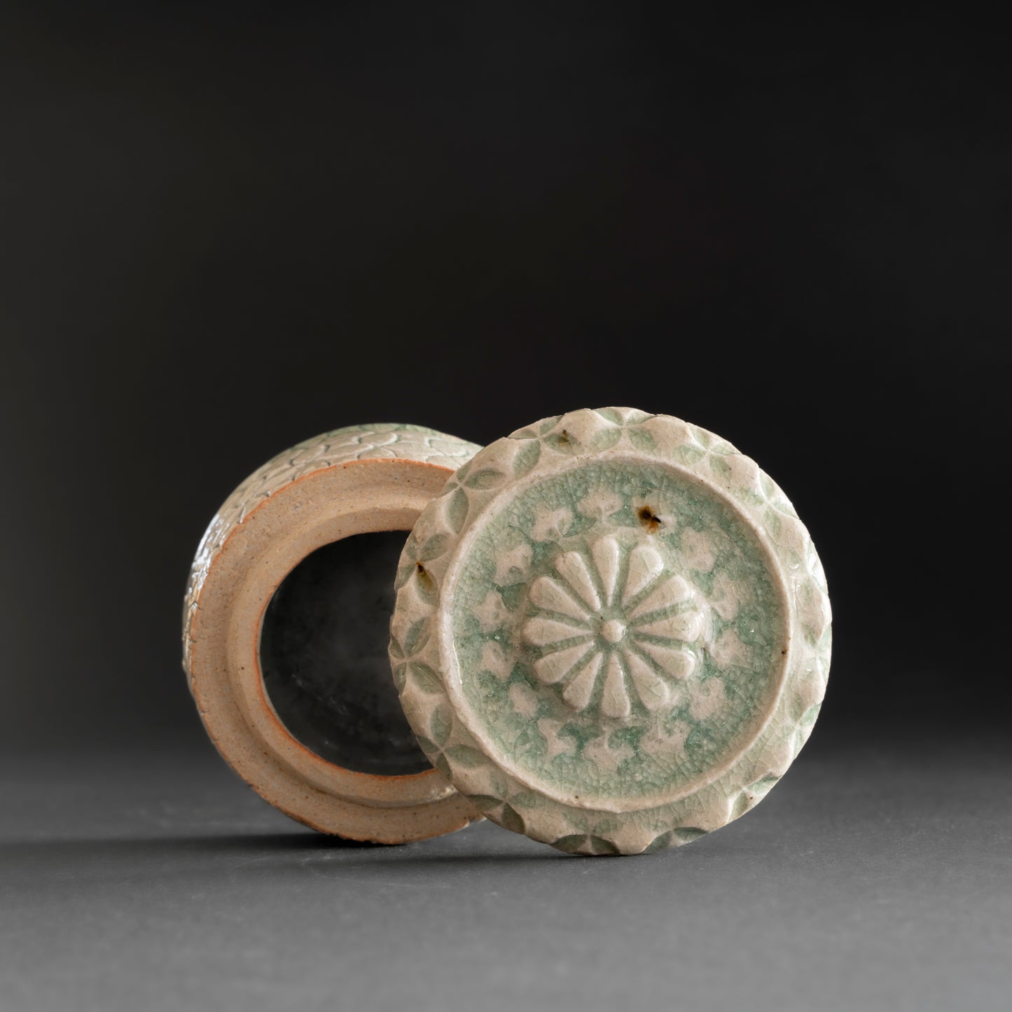 Ash Glaze & Zaffer Imprint Lidded Bowl