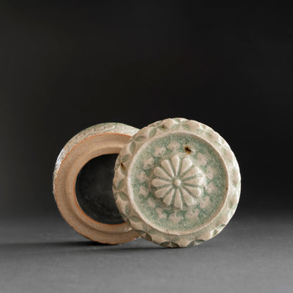 Ash Glaze & Zaffer Imprint Lidded Bowl