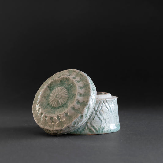 Ash Glaze & Zaffer Imprint Lidded Bowl