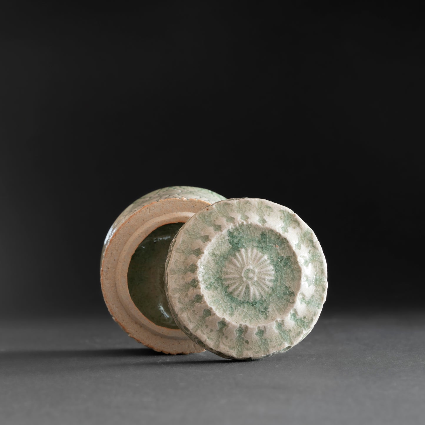 Ash Glaze & Zaffer Imprint Lidded Bowl